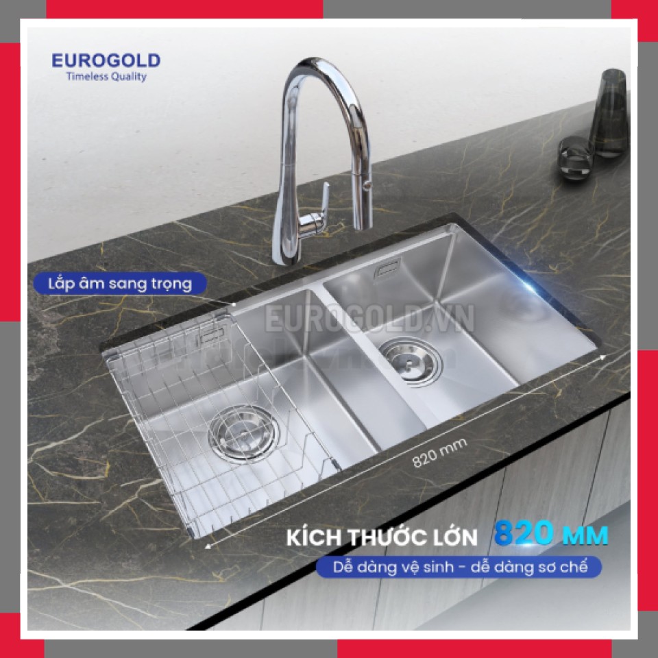 Chậu Rửa Bát âm 2 Hố Lệch Chống Xước Inox 304 EuroGold EUC28245GB