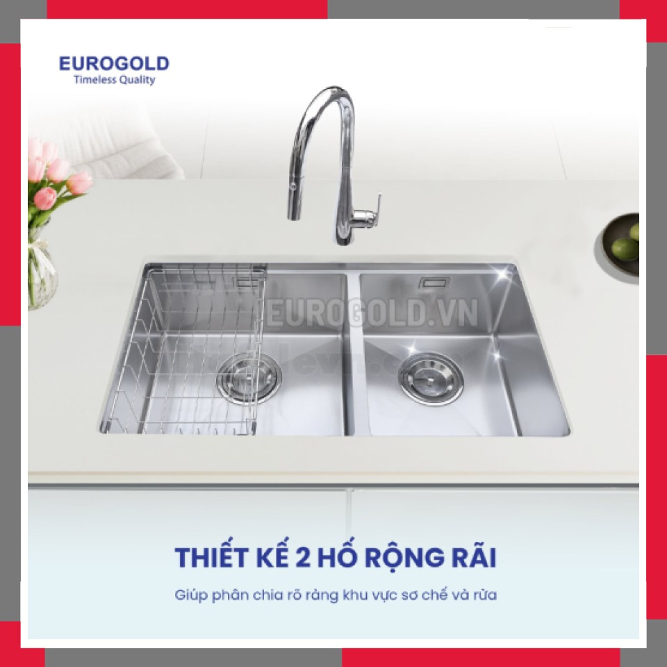 Chậu Rửa Bát âm 2 Hố Lệch Chống Xước Inox 304 EuroGold EUC28245GB