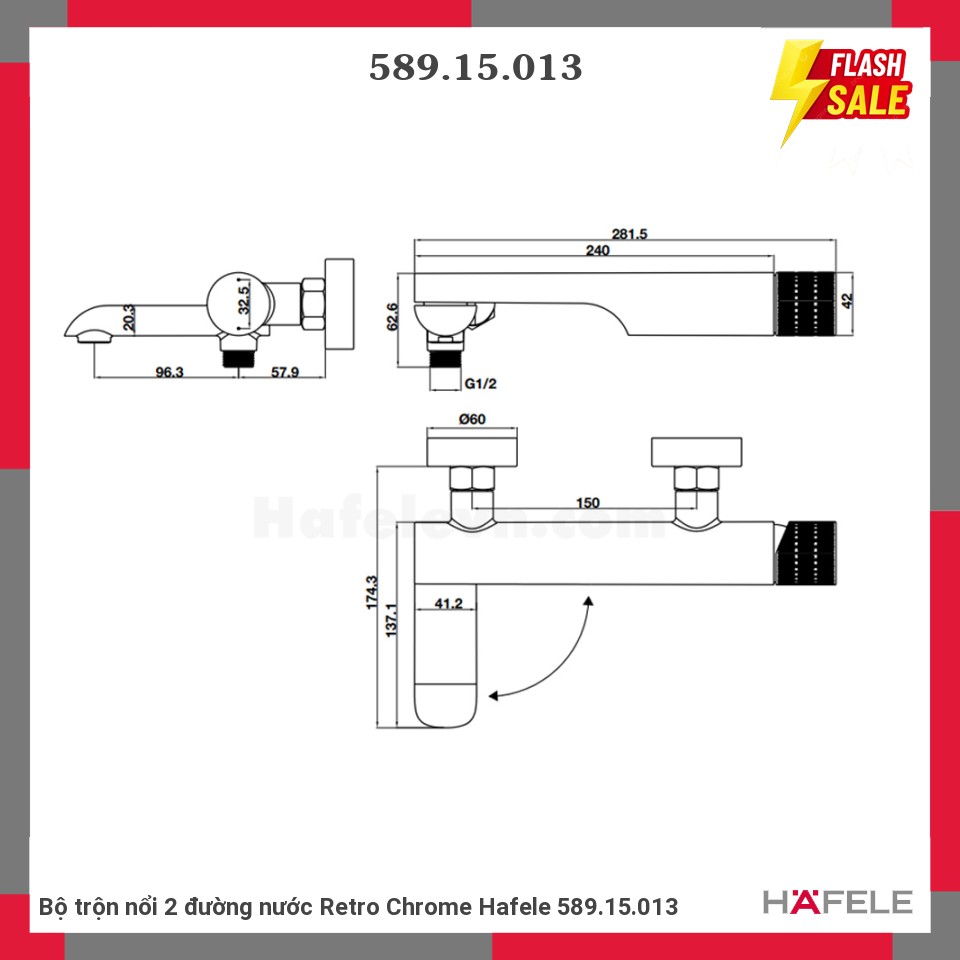 Bộ trộn nổi 2 đường nước Retro Chrome Hafele 589.15.013