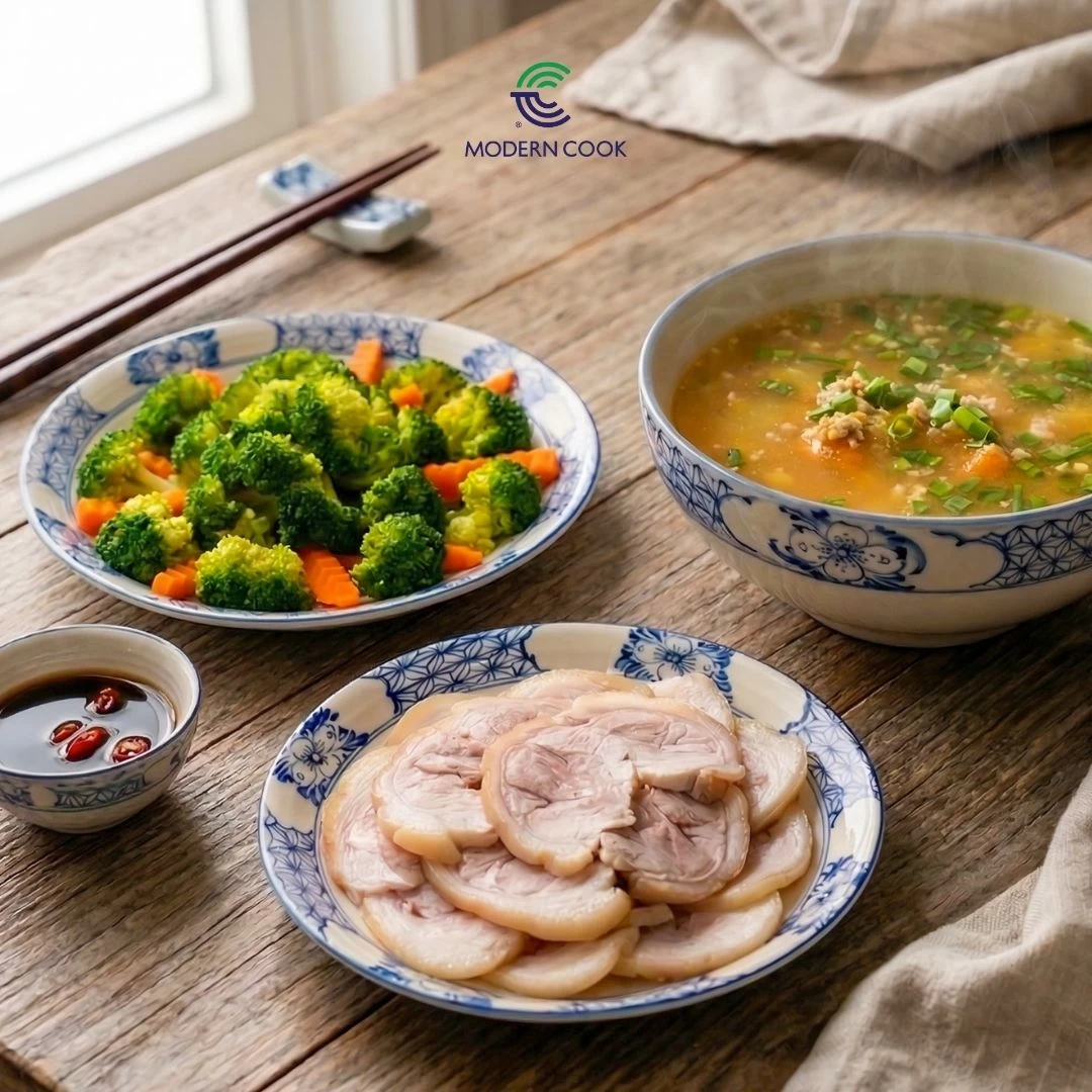CANH BÍ ĐỎ, THỊT CHÂN GIÒ CUỘN, RAU CỦ HẤP