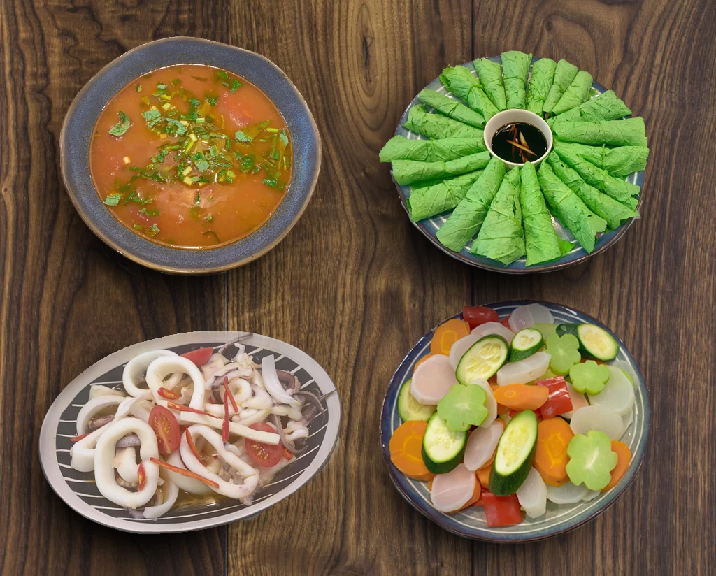 CANH CÀ CHUA THỊT BÒ, BẮP BÒ CUỐN CẢI XANH, MỰC HẤP KIỂU THÁI VÀ RAU CỦ HẤP