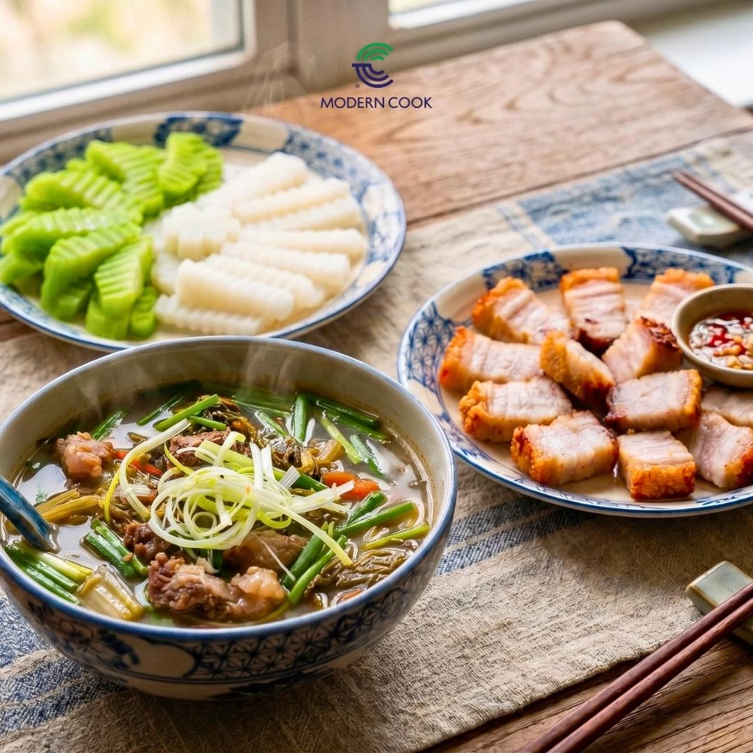 CANH DƯA BÒ, THỊT QUAY GIÒN BÌ VÀ RAU CỦ HẤP