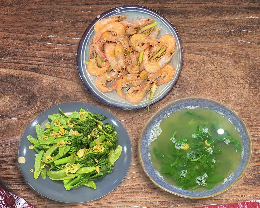 CANH MÙNG TƠI NẤU TÔM, TÔM HẤP MUỐI TIÊU, RAU HẤP